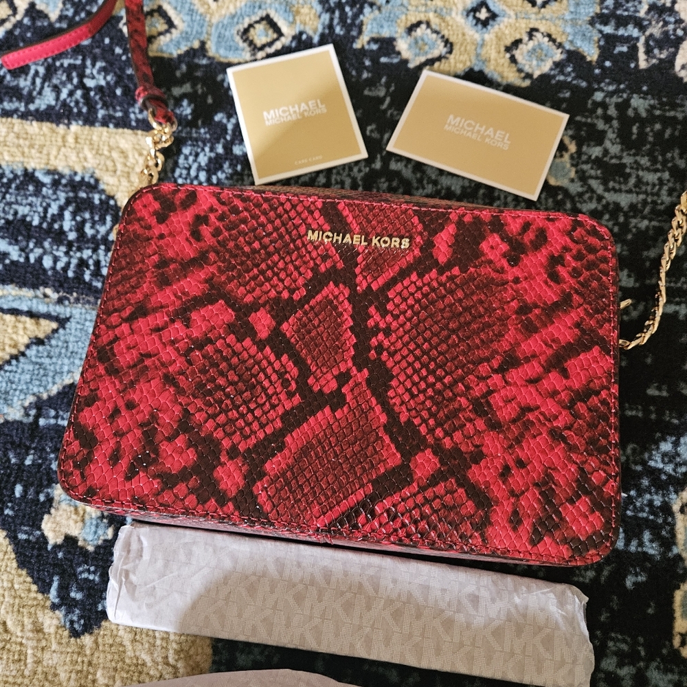 Michael Kors Jet Set Travel EW Crossbody Bag, red snakeskin print,  NEW + tags